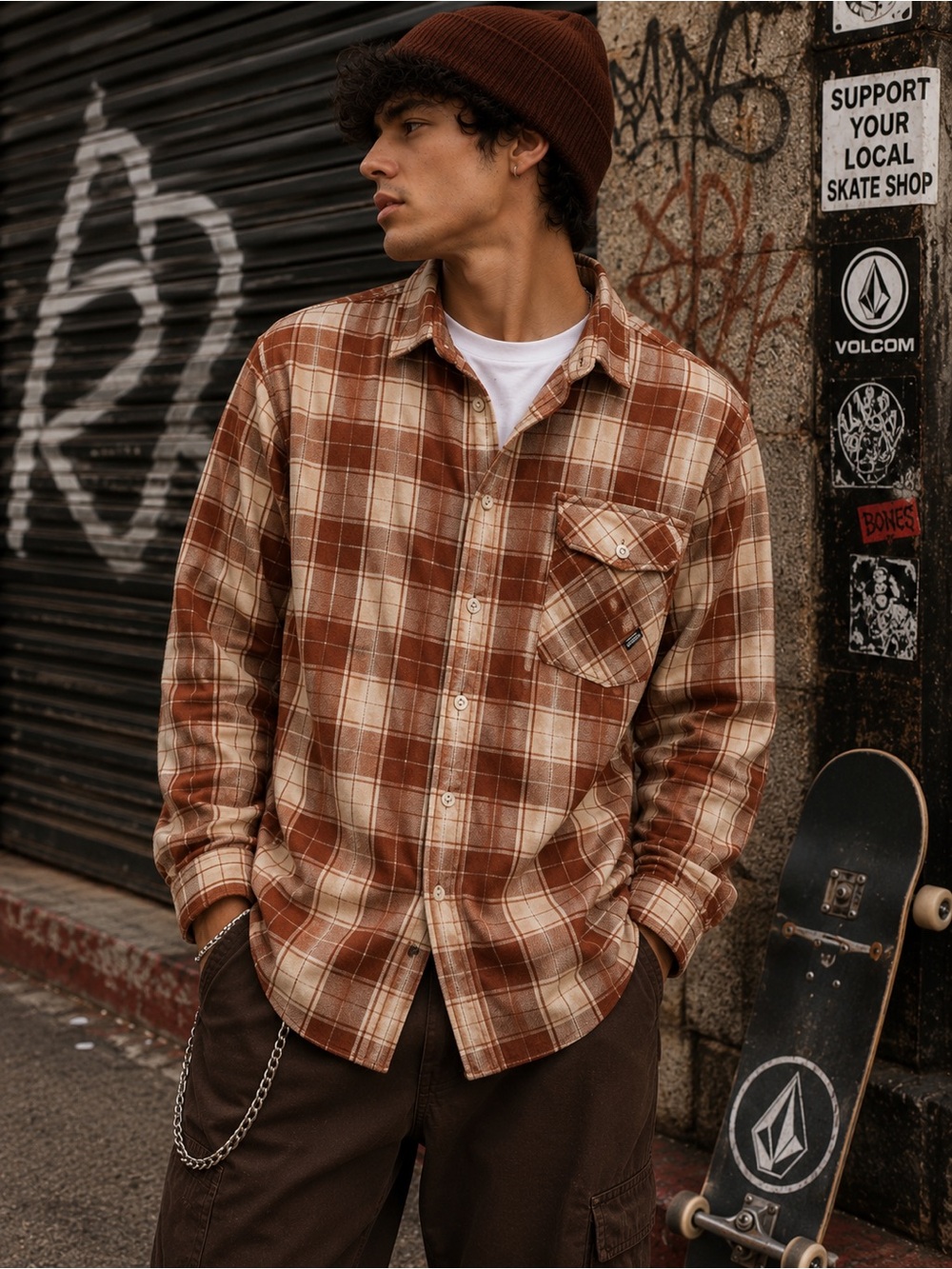 Volcom Donner LS Plaid Flannel Button Down Shirt Medium Rust Tan Classic Fit
